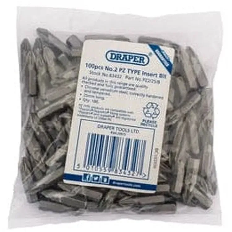 Draper Pz Type Insert Bits, 1/4", No.2 (Bag Of 100) Dr-83432
