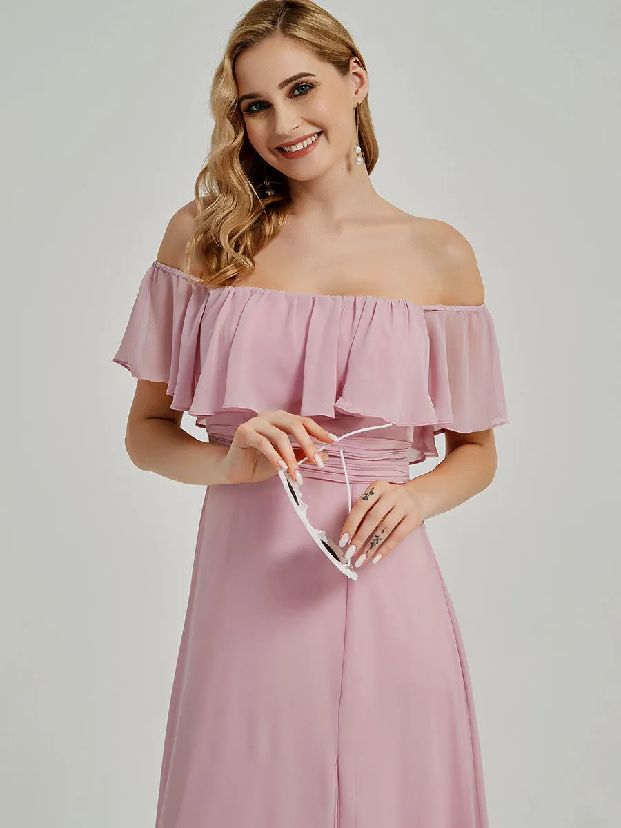 [Final Sale] Tahiti Convertible Off Shoulder Chiffon Bridesmaid Maxi Dress With Slit