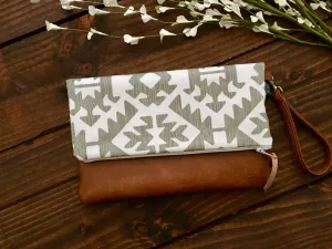 Fold Over Clutch - Grey Aztec with Vegan Leather - Detachable Wristlet