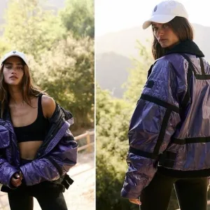 Free People Movement Vagabond Fleece Bomber Quilted Lined Jacket Purple XS NWT