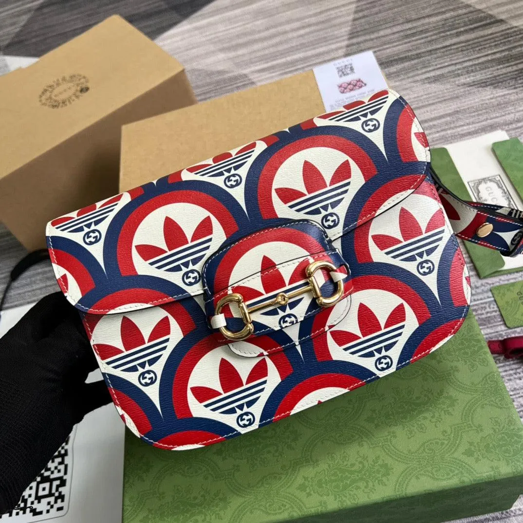gg x Adidas Horsebit 1955 Shoulder Bag Blue/Red For Women, Women&#8217;s Bags 9.8in/25cm gg 602204 UVG0G 4168