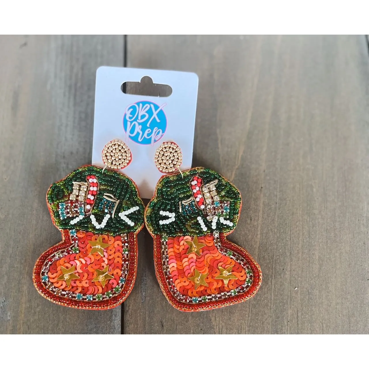 Glam Christmas Stocking Seed Beaded Drop Earrings