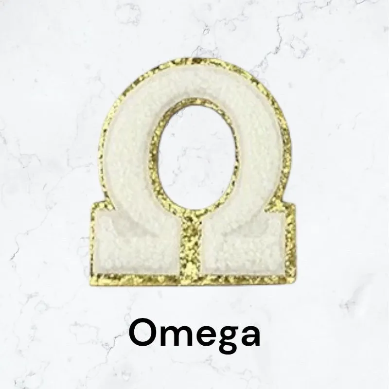 Greek Letter Patch - Self Adhesive - Chenille Alphabet Diy Gold Glitter Trim Varsity Letter Perfect for Nylon Pouch cosmetic DIY embroidery