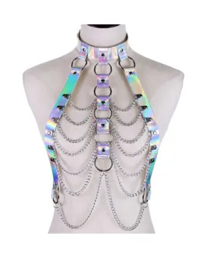 Holographic Iridescent Silver Chain Body Harness