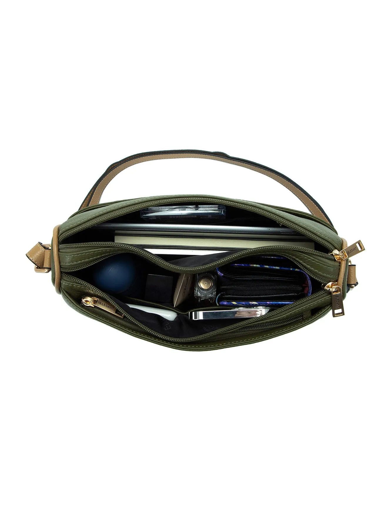 KATRINA MULTI COMPARTMENT LEATHER XBODY BAG- E1-0835-OLIVE/CAM