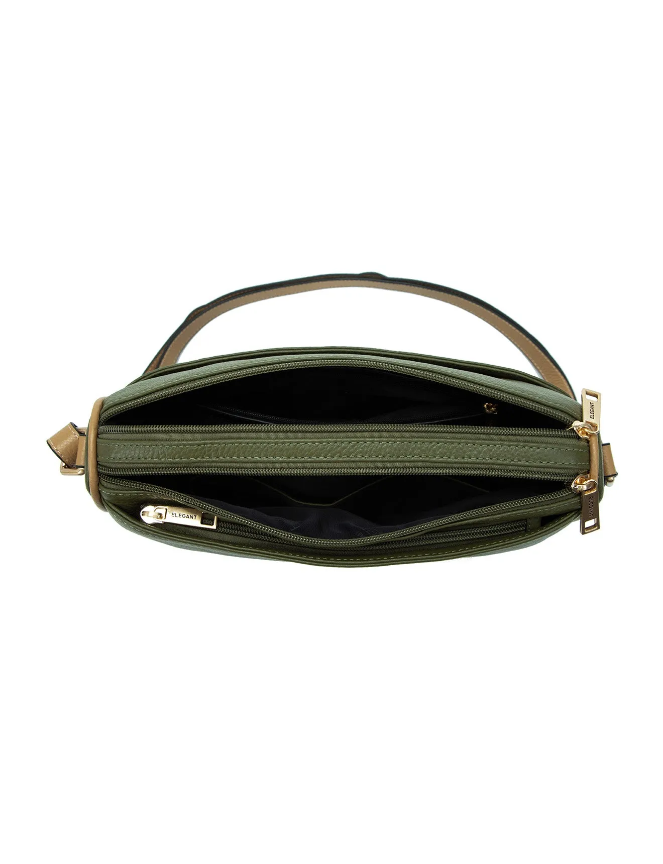 KATRINA MULTI COMPARTMENT LEATHER XBODY BAG- E1-0835-OLIVE/CAM