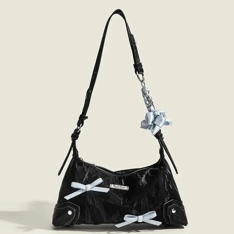 Kawaii Bow & Chain Y2K One Shoulder Bag 👜✨ - Spliced Style for Sweet Spicy Girls! 🎀
