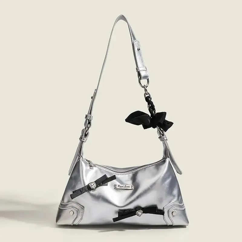 Kawaii Bow & Chain Y2K One Shoulder Bag 👜✨ - Spliced Style for Sweet Spicy Girls! 🎀