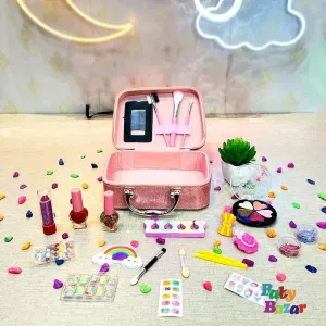 Kids Makeup Kit 2 in 1 Beauty Set with Pink Glitter Bag & Accessories