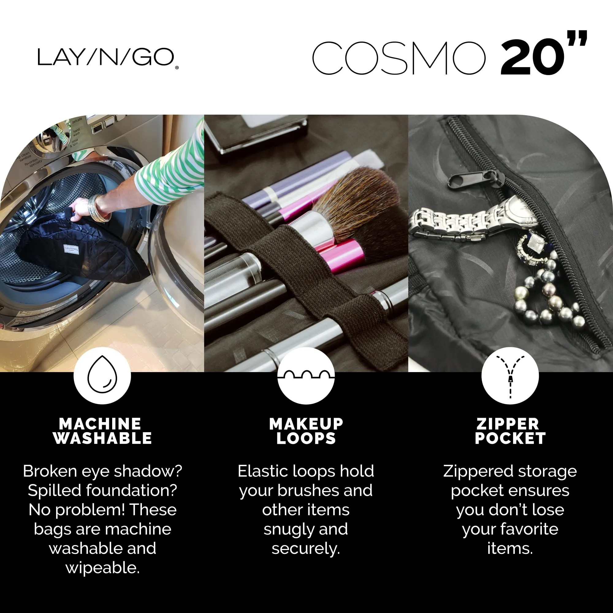 Lay-n-Go Cosmo Drawstring Cosmetic & Makeup Bag Organizer - Portable Drawstring Makeup Bag w/Zipper Pocket, Makeup Loops & More - Durable, Machine Washable Toiletry Bag for Travel (20", Navy/Green)