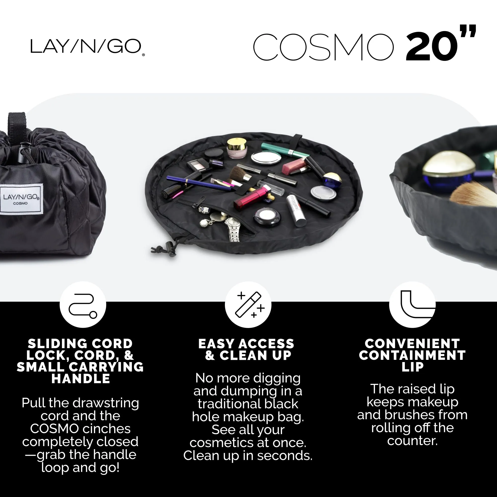 Lay-n-Go Cosmo Drawstring Cosmetic & Makeup Bag Organizer - Portable Drawstring Makeup Bag w/Zipper Pocket, Makeup Loops & More - Durable, Machine Washable Toiletry Bag for Travel (20", Navy/Green)