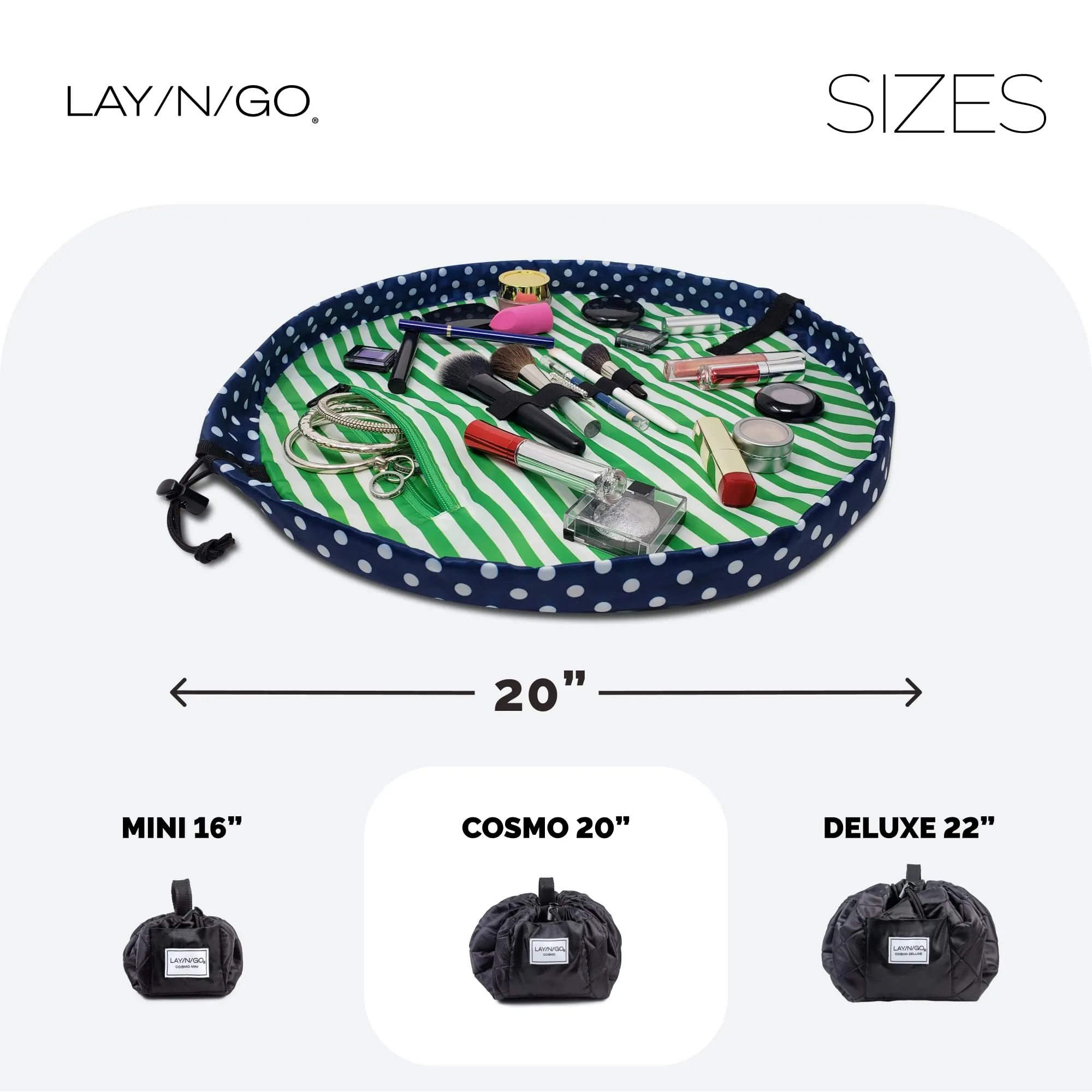 Lay-n-Go Cosmo Drawstring Cosmetic & Makeup Bag Organizer - Portable Drawstring Makeup Bag w/Zipper Pocket, Makeup Loops & More - Durable, Machine Washable Toiletry Bag for Travel (20", Navy/Green)