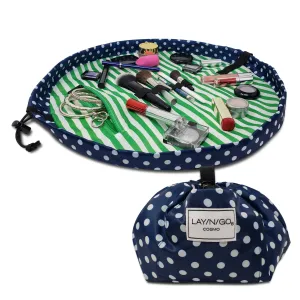 Lay-n-Go Cosmo Drawstring Cosmetic & Makeup Bag Organizer - Portable Drawstring Makeup Bag w/Zipper Pocket, Makeup Loops & More - Durable, Machine Washable Toiletry Bag for Travel (20", Navy/Green)