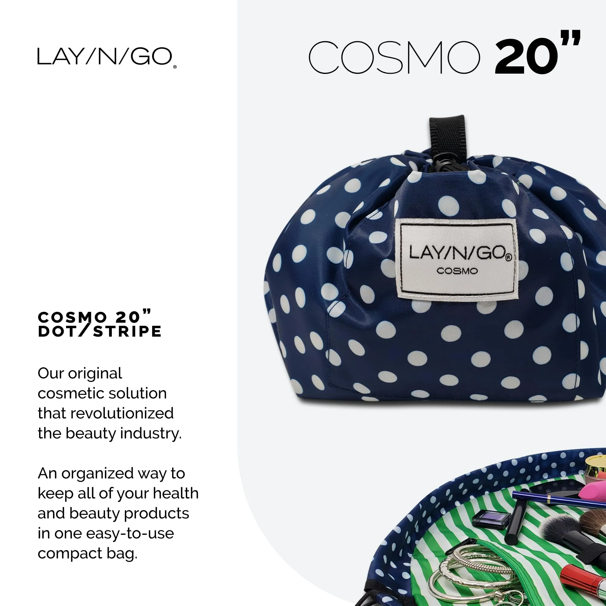 Lay-n-Go Cosmo Drawstring Cosmetic & Makeup Bag Organizer - Portable Drawstring Makeup Bag w/Zipper Pocket, Makeup Loops & More - Durable, Machine Washable Toiletry Bag for Travel (20", Navy/Green)