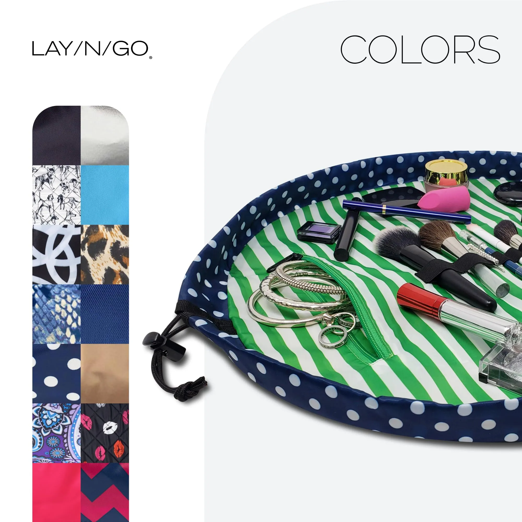 Lay-n-Go Cosmo Drawstring Cosmetic & Makeup Bag Organizer - Portable Drawstring Makeup Bag w/Zipper Pocket, Makeup Loops & More - Durable, Machine Washable Toiletry Bag for Travel (20", Navy/Green)