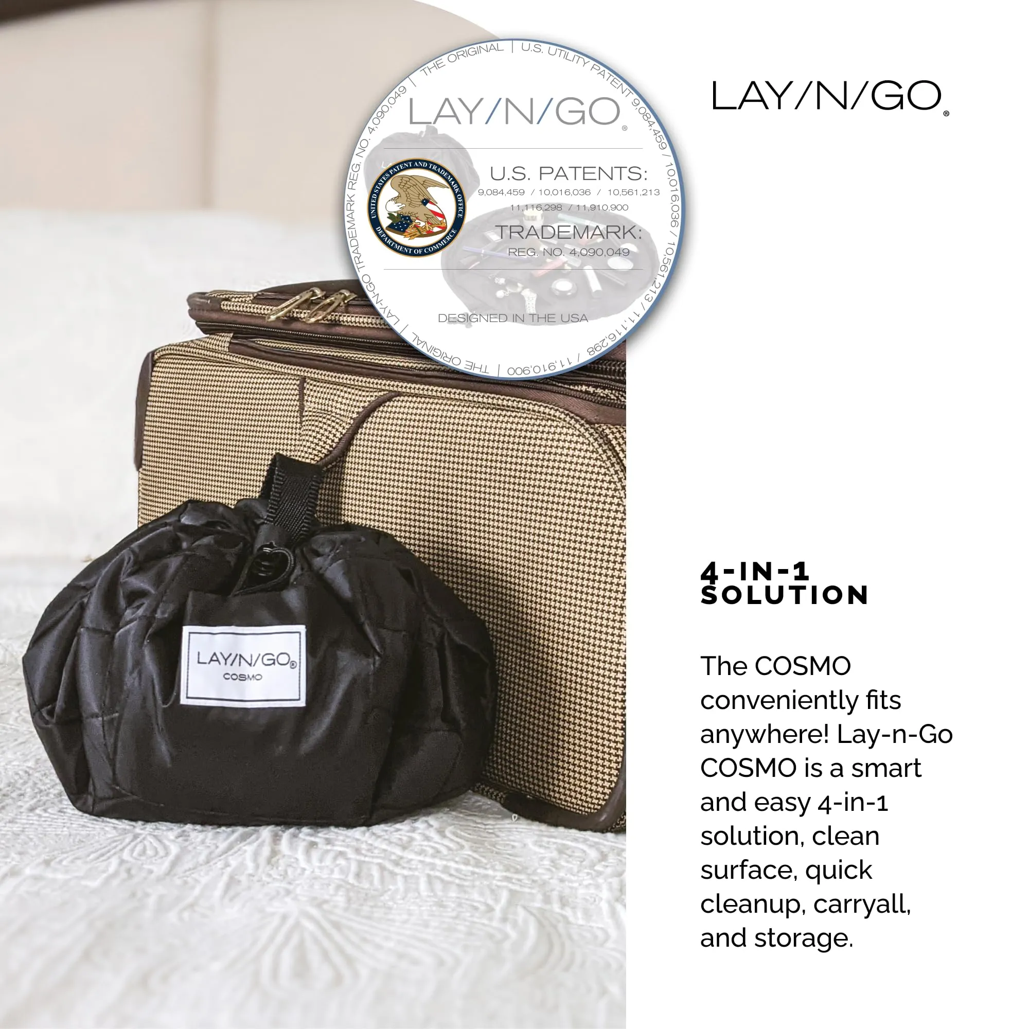 Lay-n-Go Cosmo Drawstring Cosmetic & Makeup Bag Organizer - Portable Drawstring Makeup Bag w/Zipper Pocket, Makeup Loops & More - Durable, Machine Washable Toiletry Bag for Travel (20", Navy/Green)