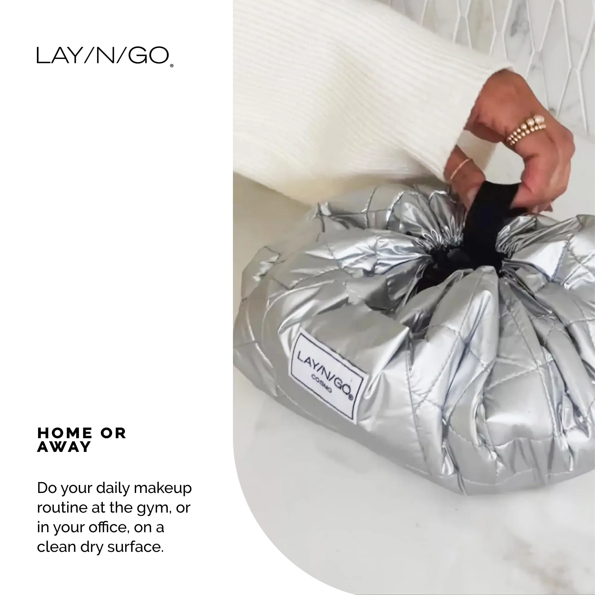 Lay-n-Go Cosmo Drawstring Cosmetic & Makeup Bag Organizer - Portable Drawstring Makeup Bag w/Zipper Pocket, Makeup Loops & More - Durable, Machine Washable Toiletry Bag for Travel (20", Navy/Green)