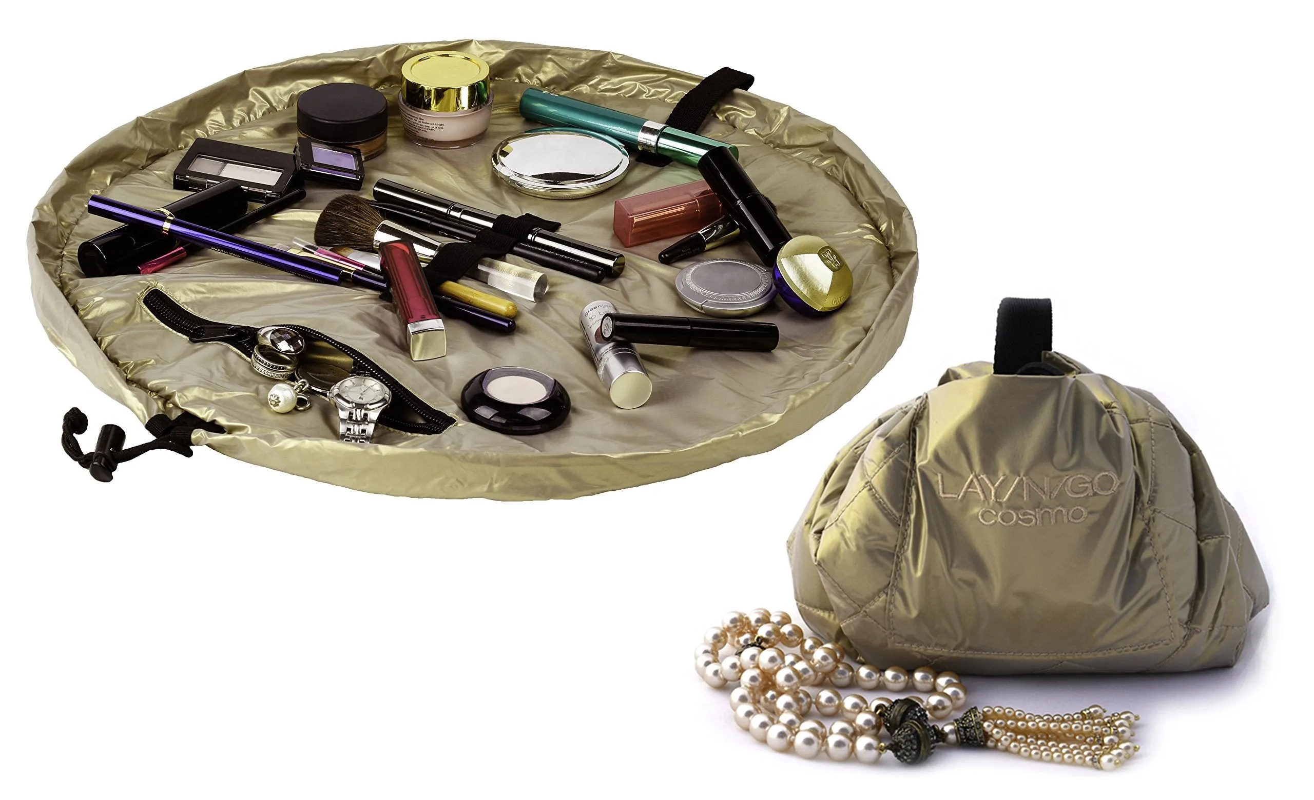 Lay-n-Go Cosmo Drawstring Makeup Bag Organizer, Water-Resistant Cosmetic Pouch for Travel, Stylish & Durable Toiletry Bag, Machine Washable, Large Capacity, 20-Inch, Metallic Gold