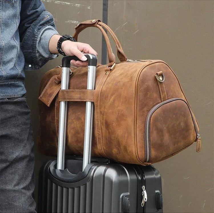 Leather Weekender Travel Bag with Shoe Compartment