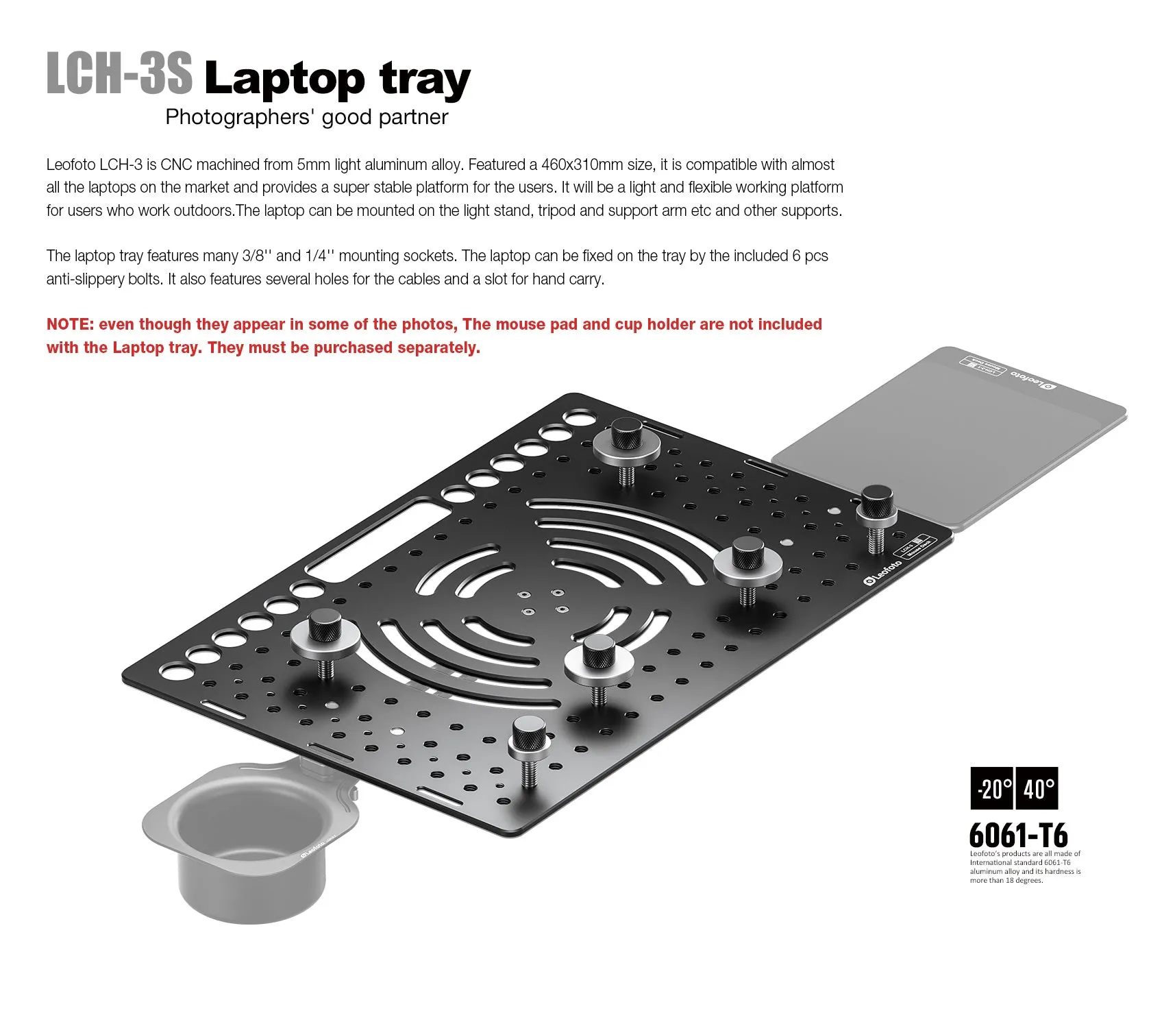 Leofoto LCH-3/LCH-3S Ultimate Laptop Tray (Tray Only) | 1/4" and 3/8" Compatible