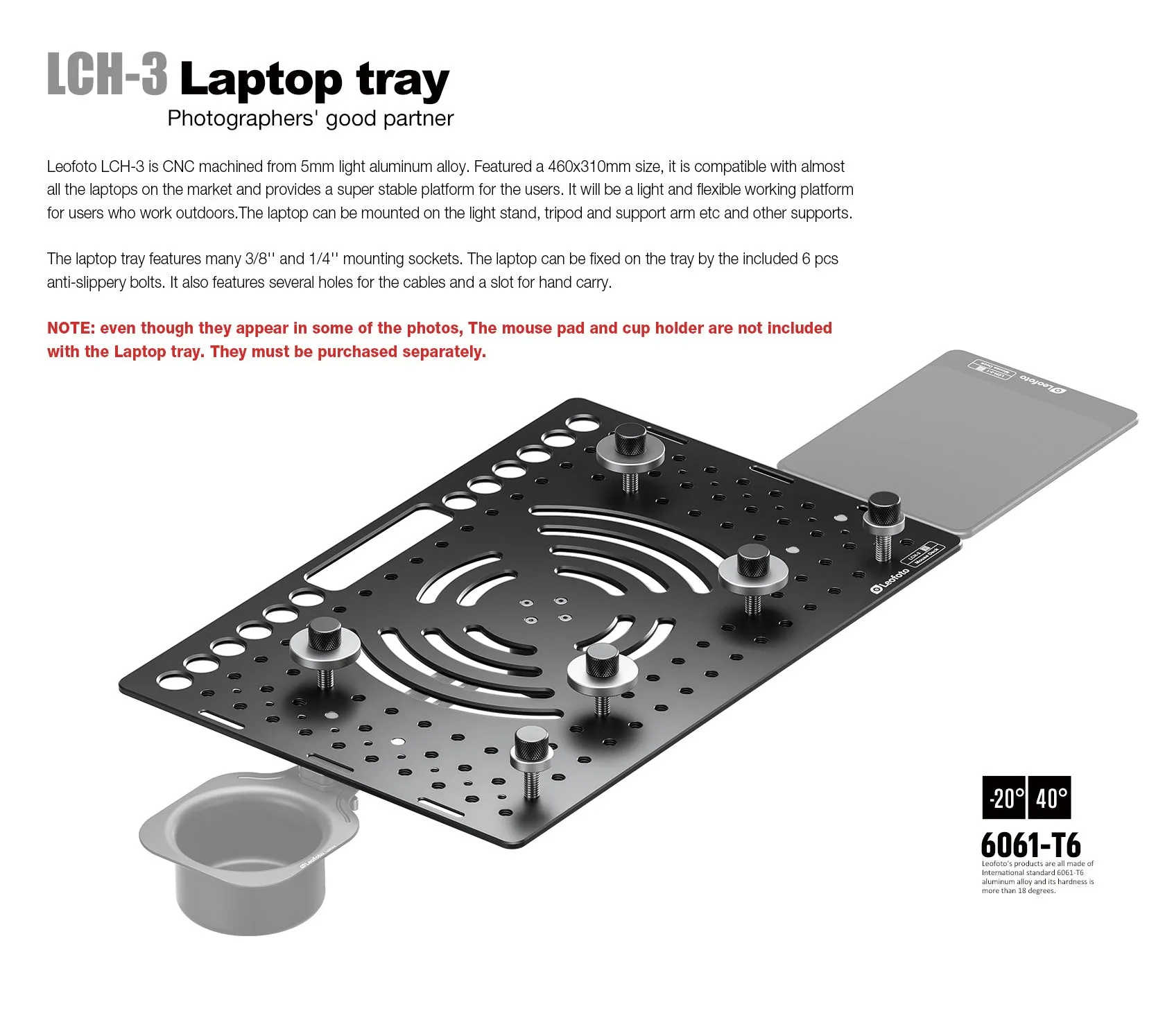 Leofoto LCH-3/LCH-3S Ultimate Laptop Tray (Tray Only) | 1/4" and 3/8" Compatible
