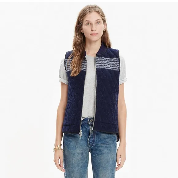 Madewell Blue/White Reversible Vest in Stripe Wool/Quilted Size Small EUC
