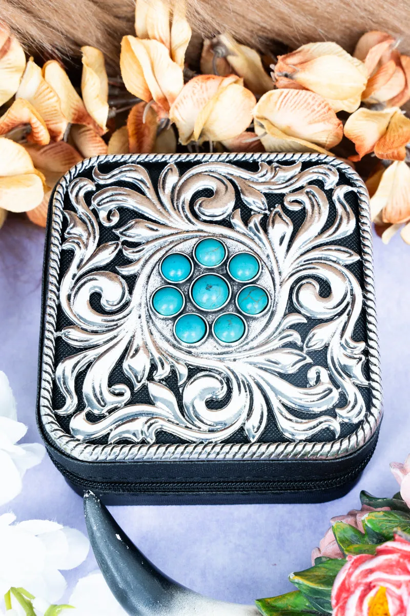 Metal Turquoise Flower Scroll Black Small Travel Jewelry Box