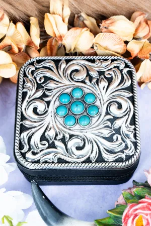 Metal Turquoise Flower Scroll Black Small Travel Jewelry Box