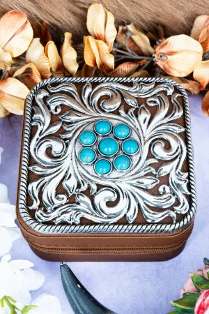 Metal Turquoise Flower Scroll Brown Small Travel Jewelry Box
