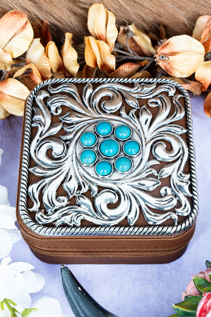 Metal Turquoise Flower Scroll Brown Small Travel Jewelry Box
