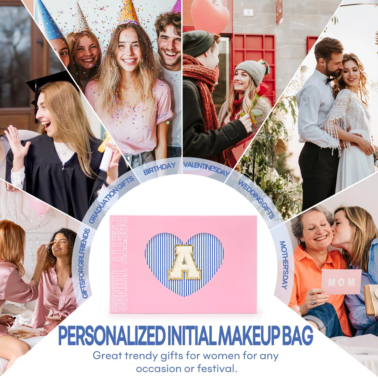 mibasies 2 PCS Initial Makeup Bags for Women: Cosmetic Bag for Travel Toiletry - Birthday Gifts for 11 12 13 14 15 16 17 18 Years Old Girl Gift- Preppy Teen Girl Gifts Trendy Stuff - Blue L