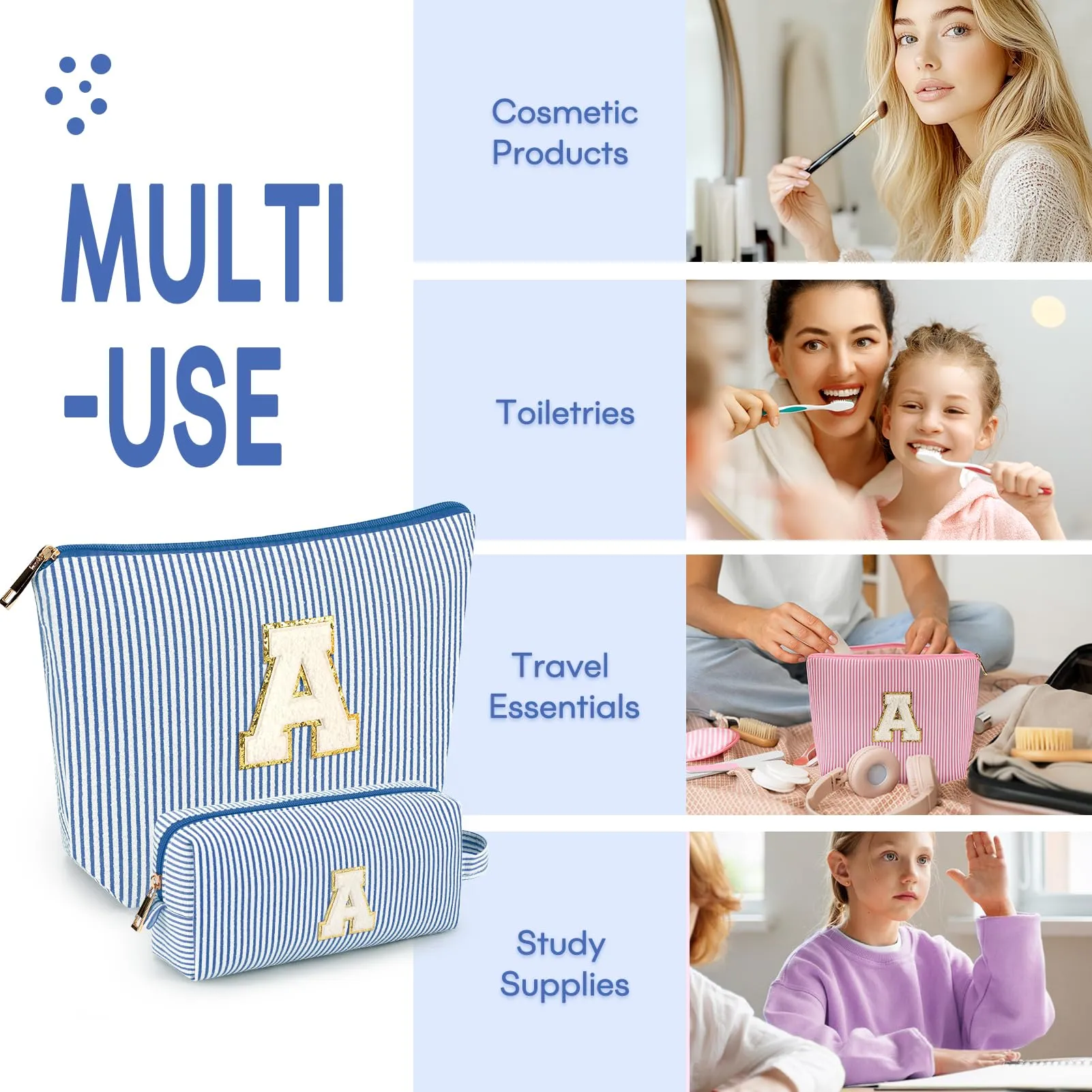 mibasies 2 PCS Initial Makeup Bags for Women: Cosmetic Bag for Travel Toiletry - Birthday Gifts for 11 12 13 14 15 16 17 18 Years Old Girl Gift- Preppy Teen Girl Gifts Trendy Stuff - Blue L