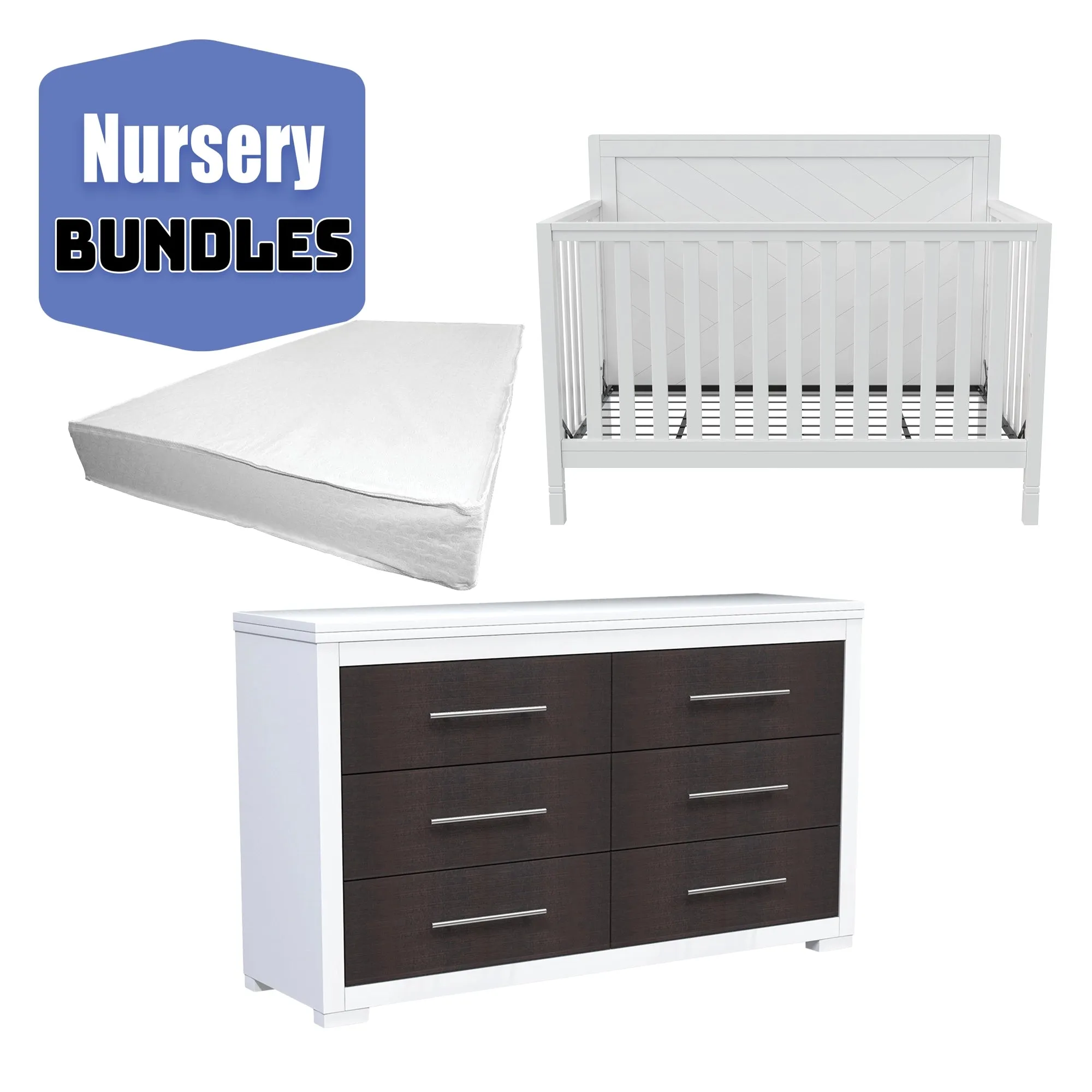 Moderna convertible crib, barton 6 drawer chest, boobeyeh mattress