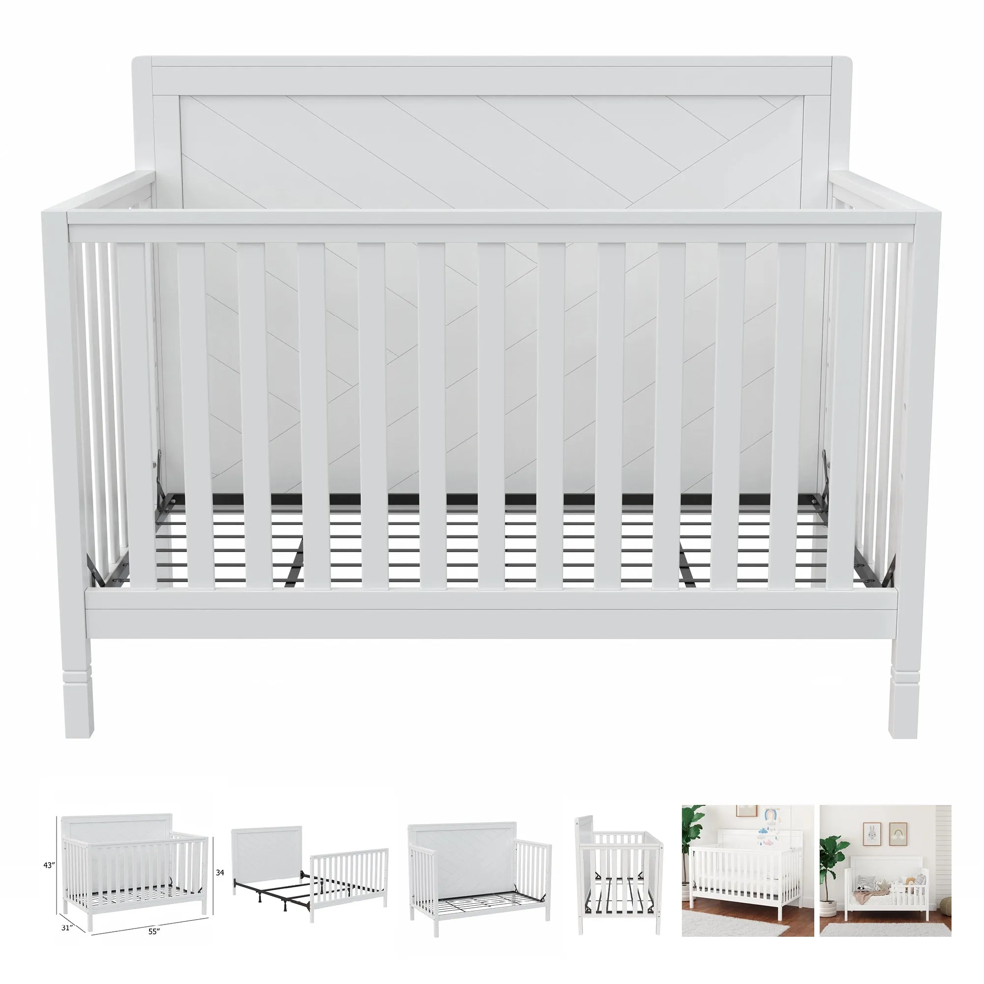 Moderna convertible crib, barton 6 drawer chest, boobeyeh mattress