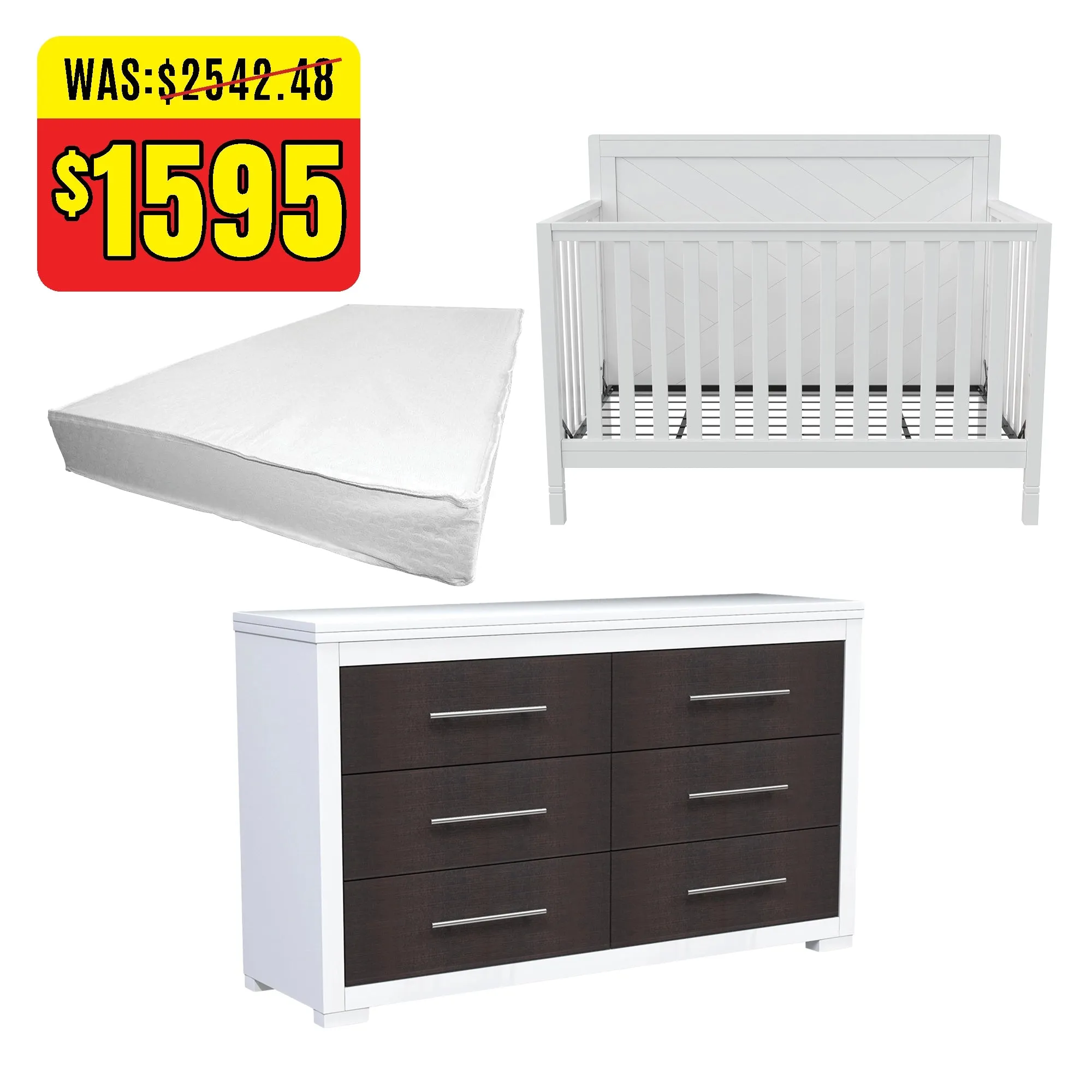 Moderna convertible crib, barton 6 drawer chest, boobeyeh mattress