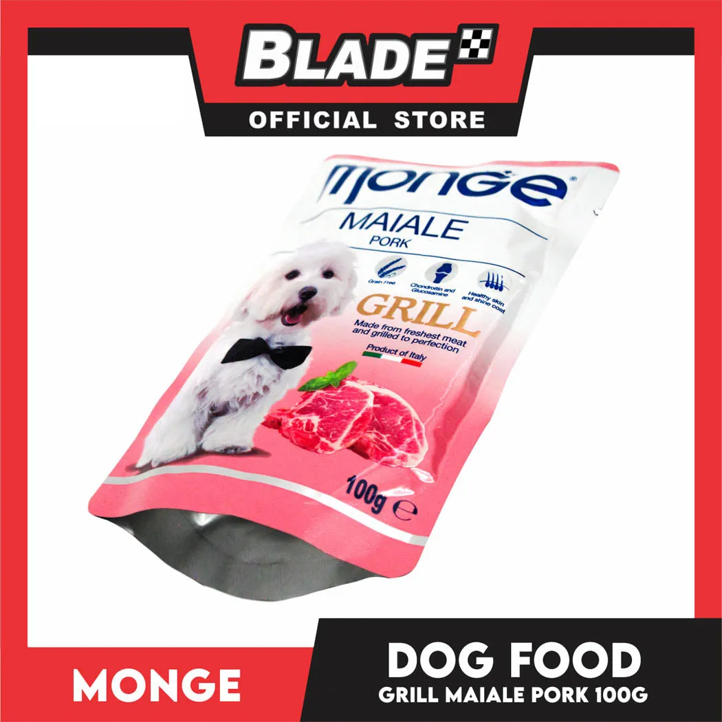 Monge Pouch Grill Chunkies Dog Food 100g (Maiale Pork) Grain Free And Helps Dog Shiny Hair