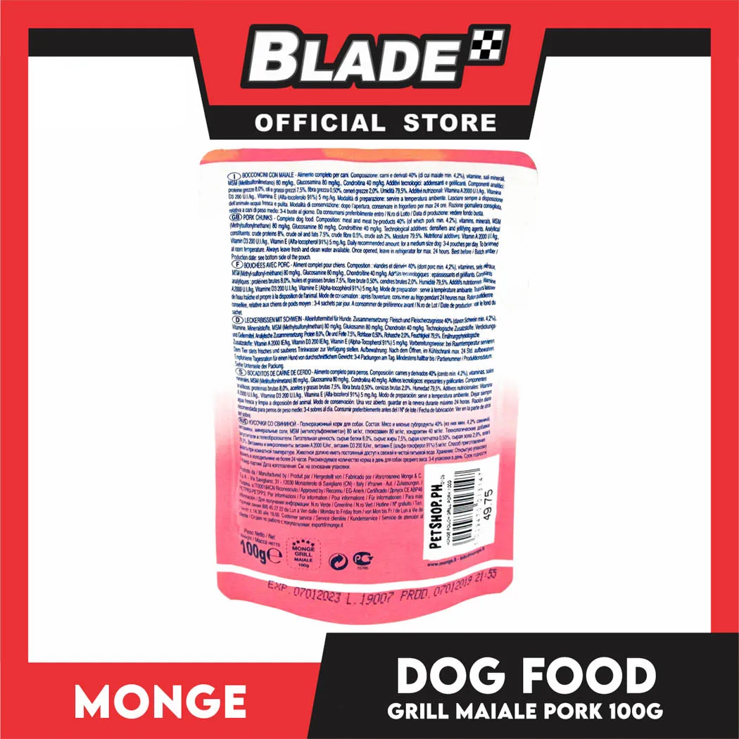Monge Pouch Grill Chunkies Dog Food 100g (Maiale Pork) Grain Free And Helps Dog Shiny Hair