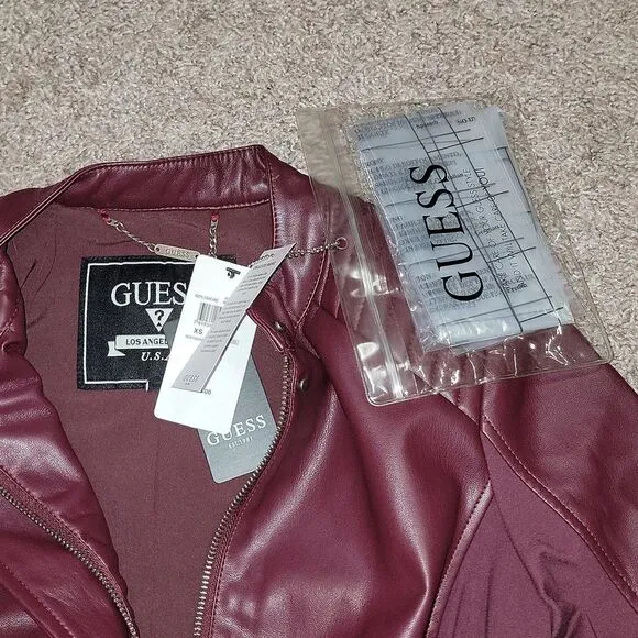 New Guess Fiammetta Faux Leather Moto Jacket Mystic Wine Size XS
