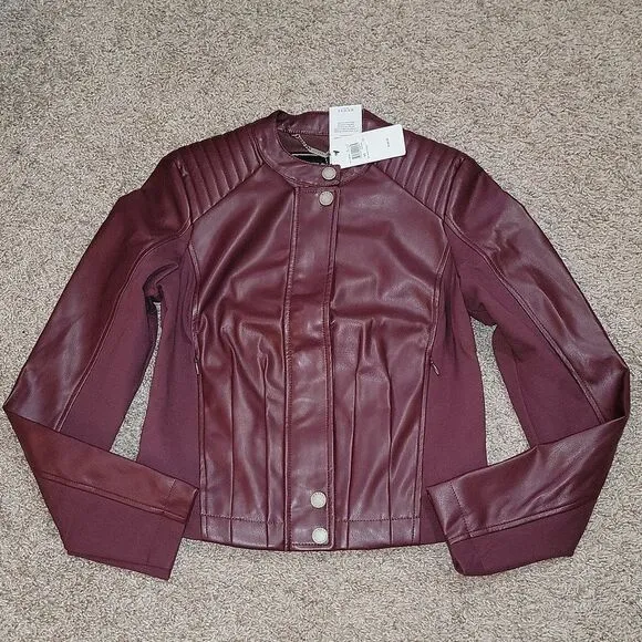 New Guess Fiammetta Faux Leather Moto Jacket Mystic Wine Size XS