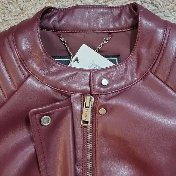 New Guess Fiammetta Faux Leather Moto Jacket Mystic Wine Size XS