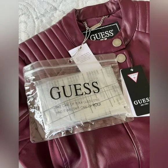 New Guess Fiammetta Faux Leather Moto Jacket Mystic Wine Size XS