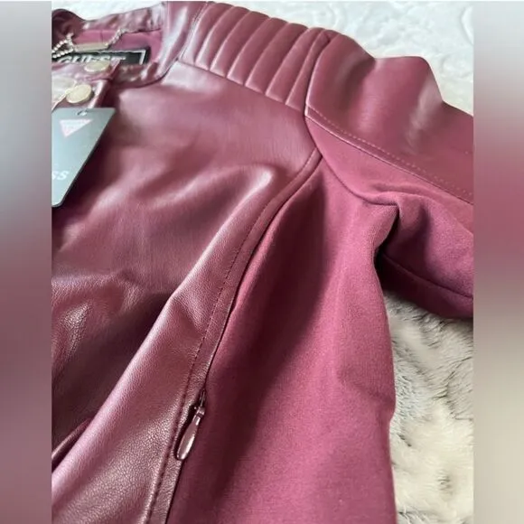New Guess Fiammetta Faux Leather Moto Jacket Mystic Wine Size XS