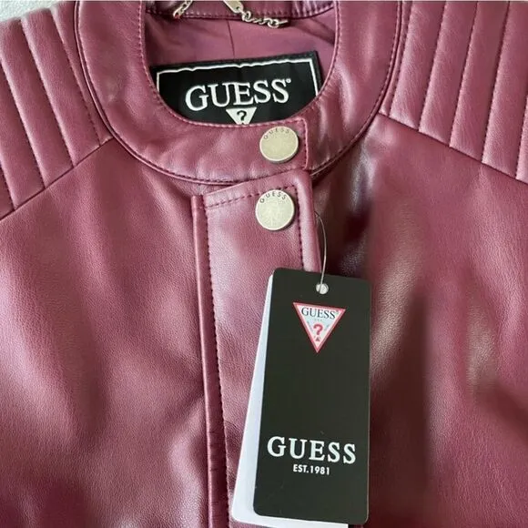 New Guess Fiammetta Faux Leather Moto Jacket Mystic Wine Size XS