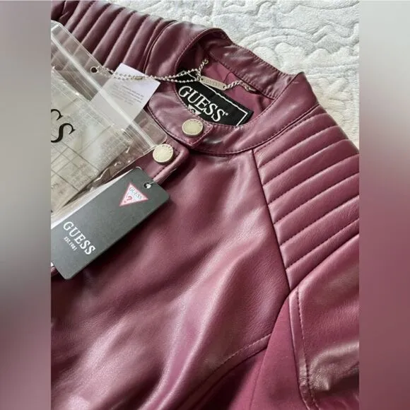 New Guess Fiammetta Faux Leather Moto Jacket Mystic Wine Size XS