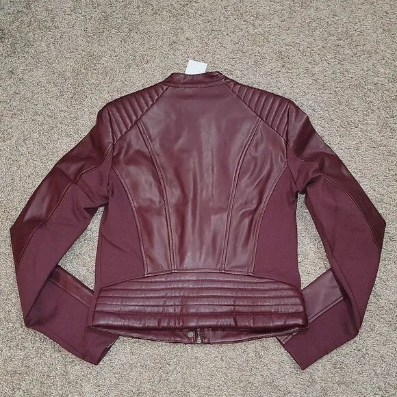 New Guess Fiammetta Faux Leather Moto Jacket Mystic Wine Size XS
