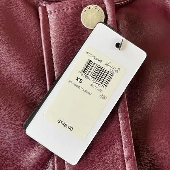 New Guess Fiammetta Faux Leather Moto Jacket Mystic Wine Size XS