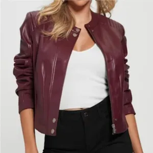 New Guess Fiammetta Faux Leather Moto Jacket Mystic Wine Size XS