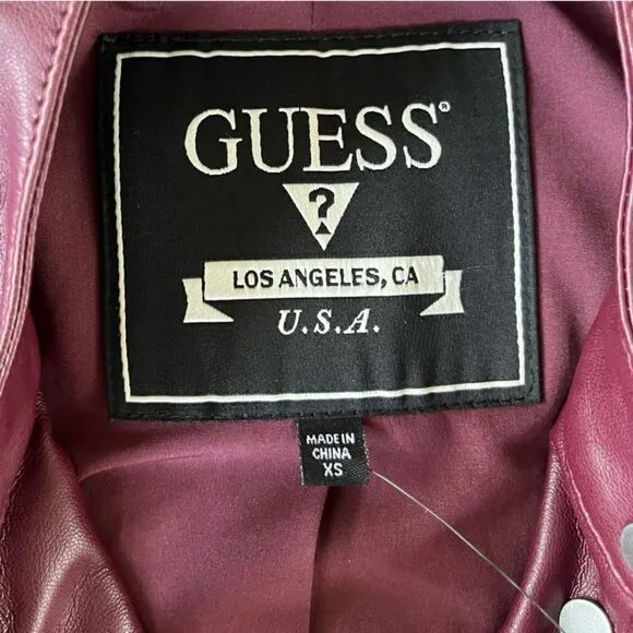 New Guess Fiammetta Faux Leather Moto Jacket Mystic Wine Size XS