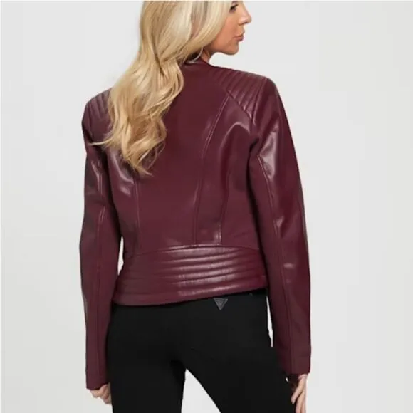 New Guess Fiammetta Faux Leather Moto Jacket Mystic Wine Size XS