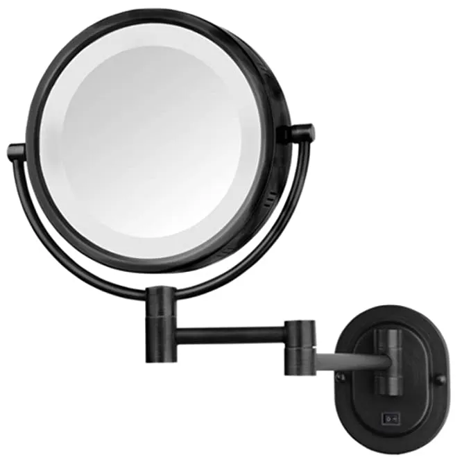 New Jerdon 8-Inch Two-Sided Swivel Halo Lighted Wall Mount Mirror with 5x Magnification, 14-Inch Extension, Black Finish Retails $160 